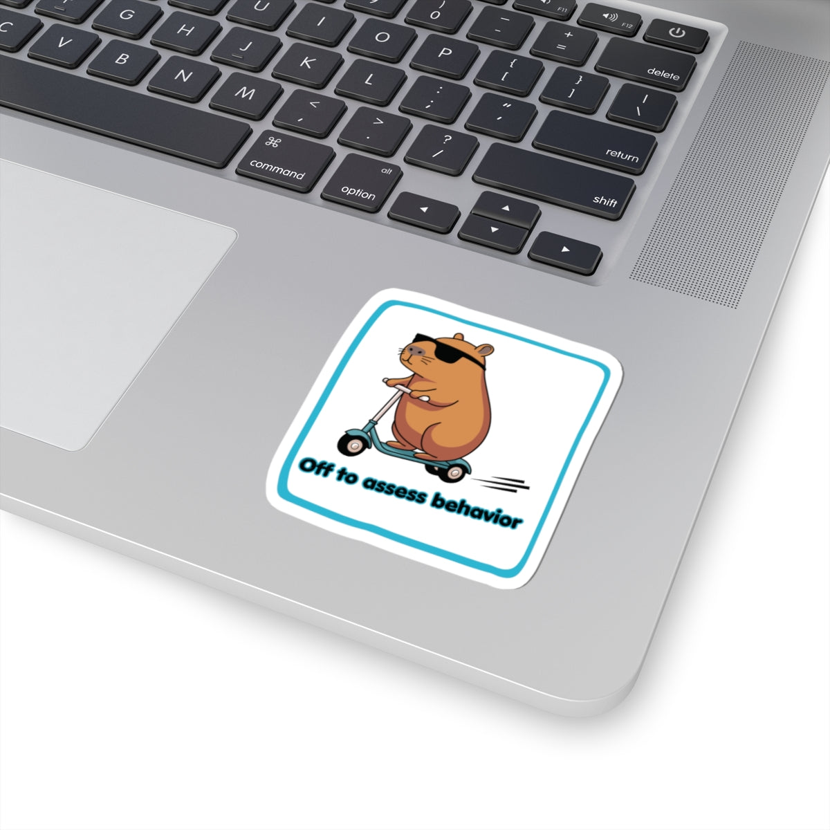 Sticker — "Off to Assess Behavior" Scooter Capybara Funny Vinyl Kiss-Cut Sticker