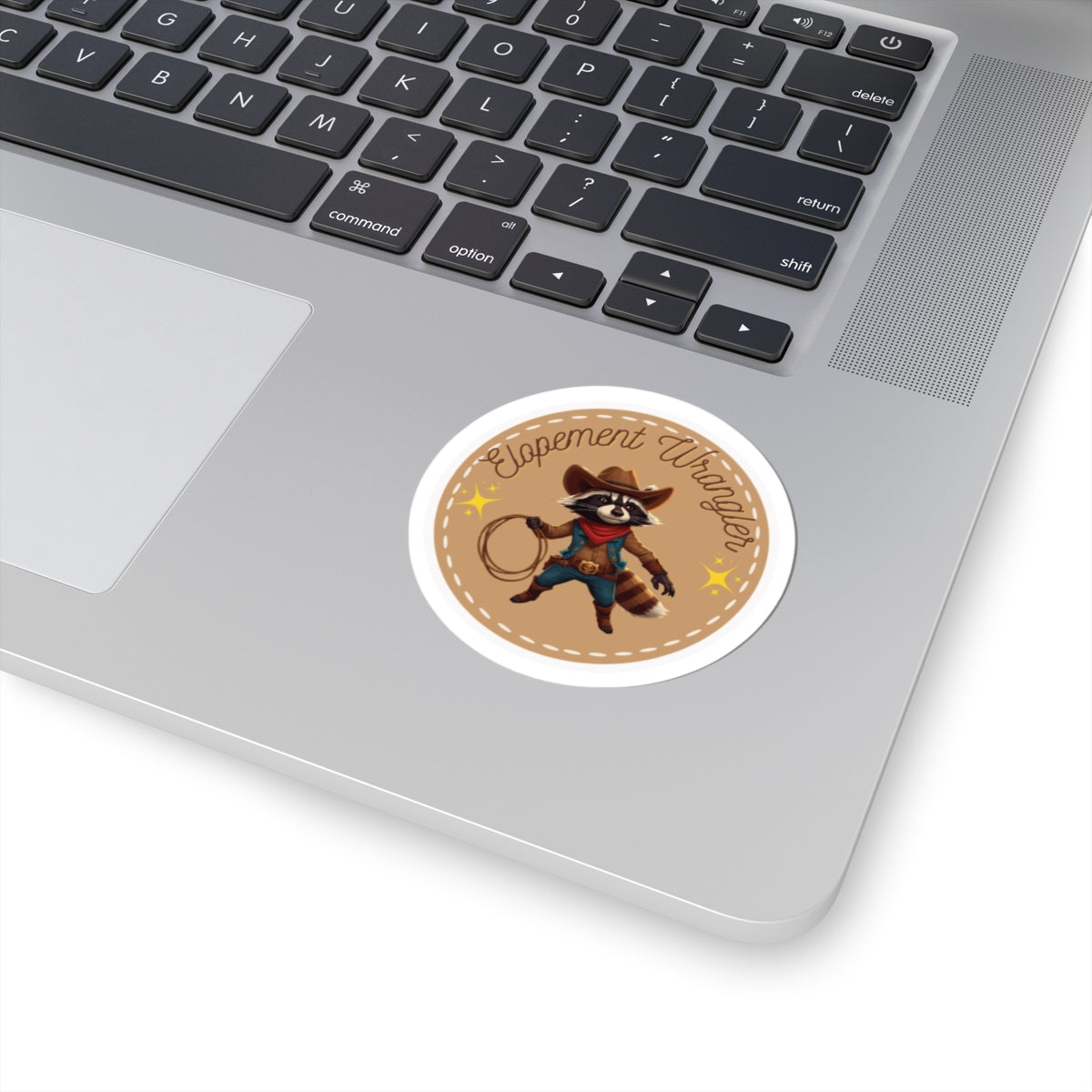Raccoon 'Containment Wrangler' Cowboy Kiss-Cut Sticker — Cute Western Laptop Decal